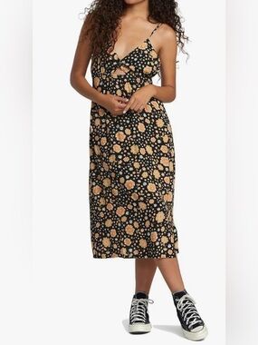 RVCA Black Maxi Slip Dress with Yellow Floral Print